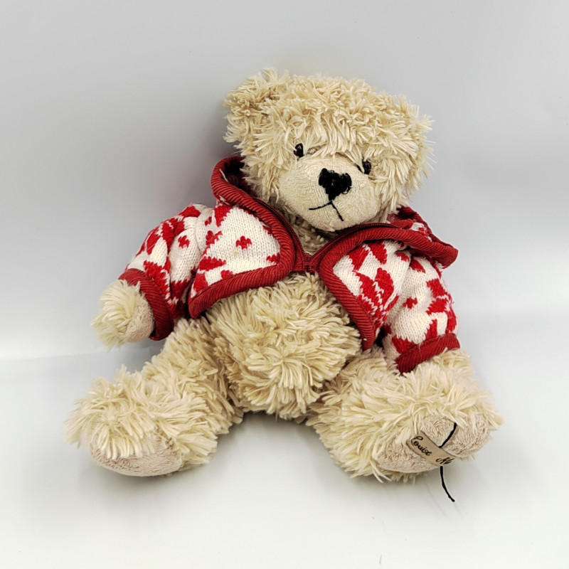 Peluche ours beige gilet laine rouge blanc LOUISE MANSEN