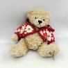 Peluche ours beige gilet laine rouge blanc LOUISE MANSEN
