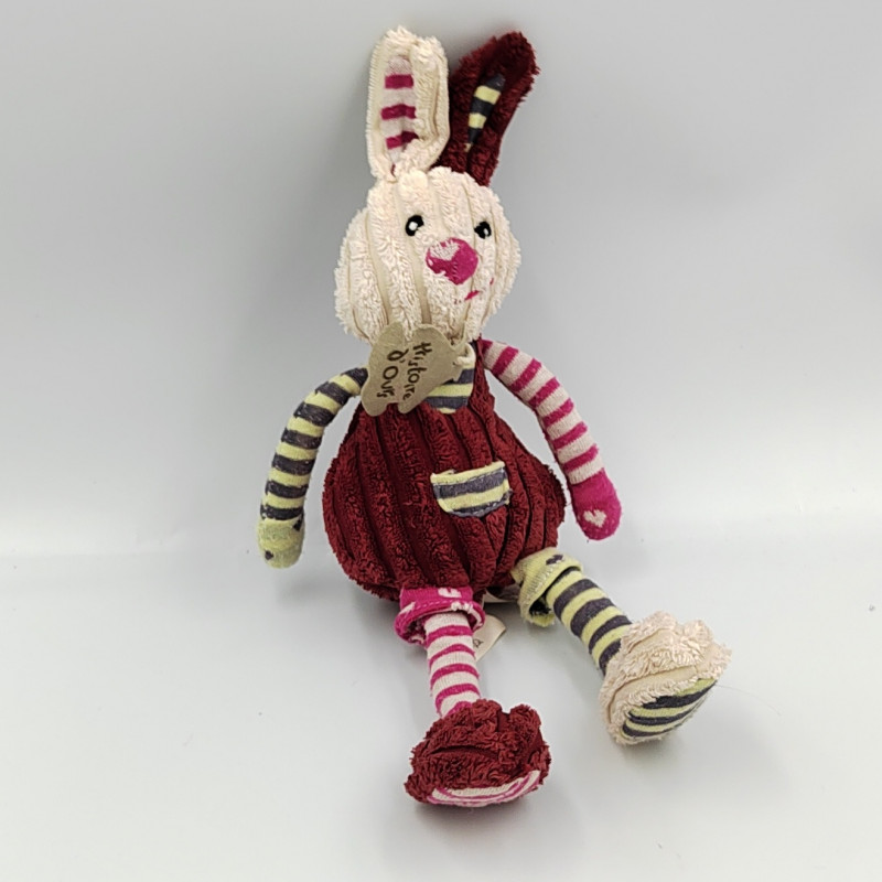 Doudou lapin rouge rose vert rayé Côtelé HISTOIRE D'OURS