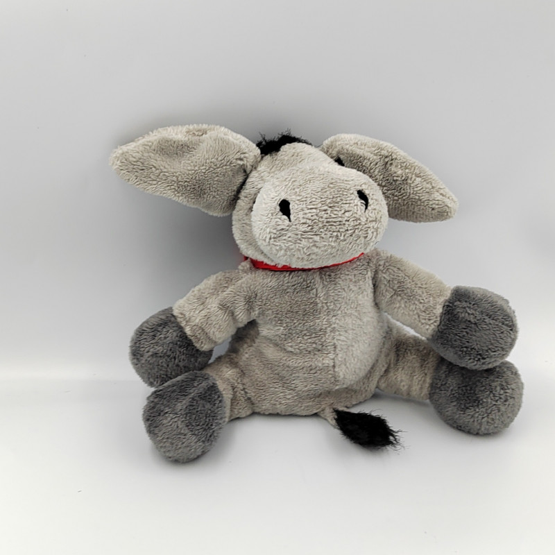 Doudou peluche Ane gris noir noeud rouge