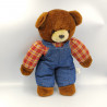 Ancienne peluche ours marron salopette bleu jean pull carreaux rouge BALLANDE