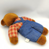 Ancienne peluche ours marron salopette bleu jean pull carreaux rouge BALLANDE