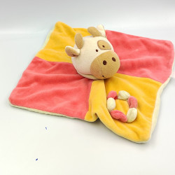 Doudou plat carré vache rose jaune vert fleurs PROMEVA