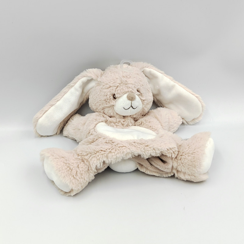 Doudou marionnette lapin beige blanc tout doux TEX