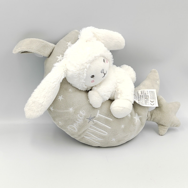 Doudou musical phosphorescent lune lapin ours gris blanc étoiles Douce nuit MOTS D'ENFANTS