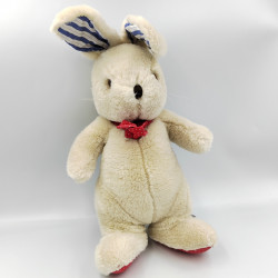 Peluche lapin beige rayé bmleu noeud rouge JACADI