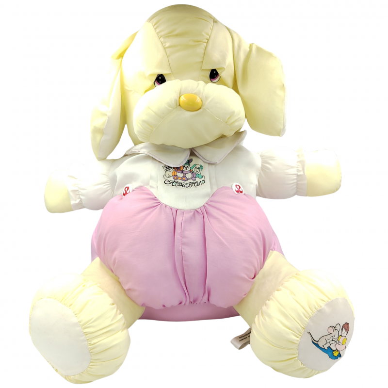 Grande peluche Puffalump chien jaune rose blanc en toile
