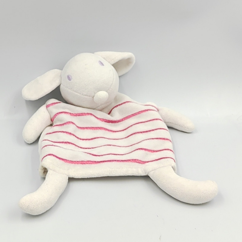 Doudou plat marionnette souris blanche rose rayé AUCHAN