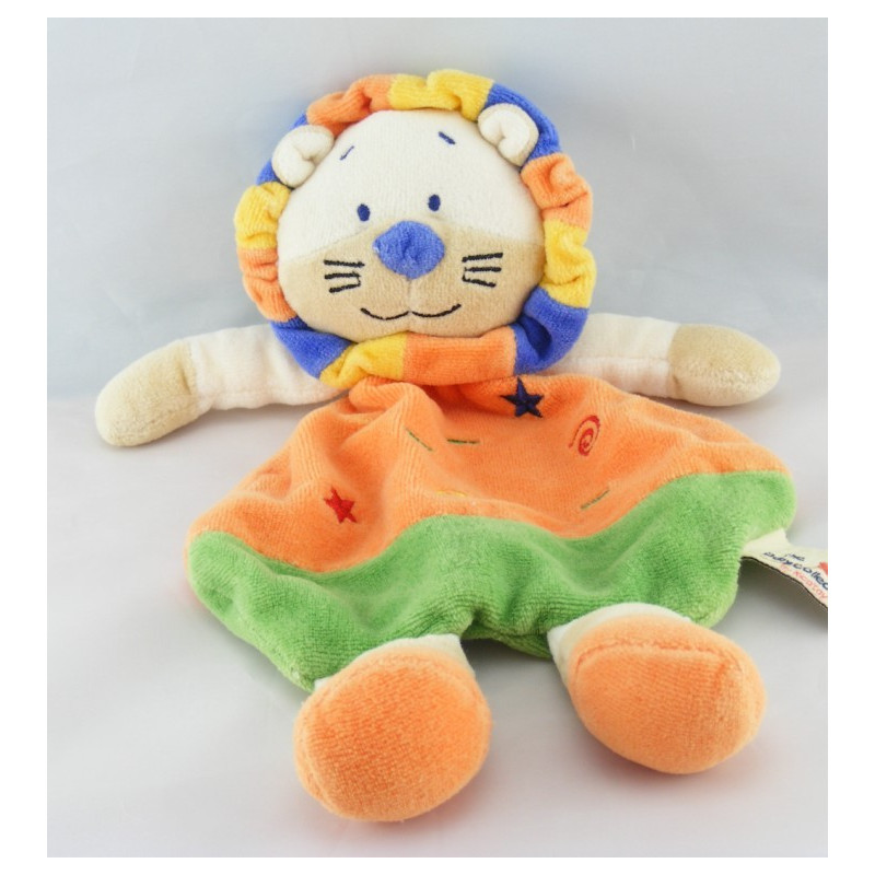 Doudou Lion Orange Jaune Crinière bleue Tactile Nicotoy