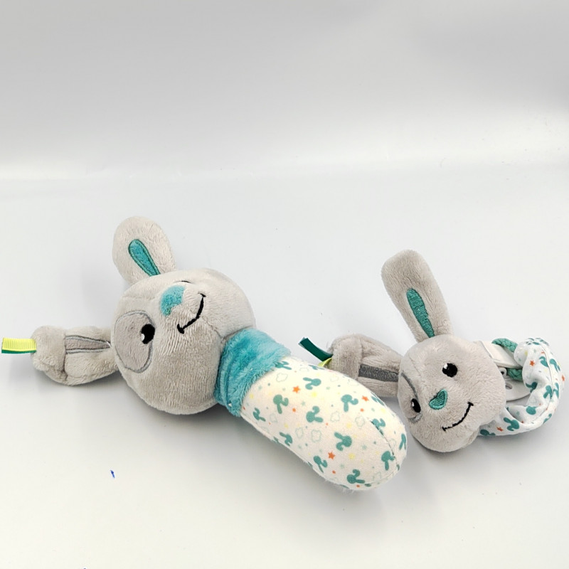Doudou hochet baton lapin bleu gris blanc + attache tétine DREAMBEE