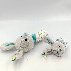 Doudou hochet baton lapin bleu gris blanc + attache tétine DREAMBEE
