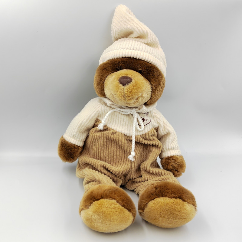 Doudou peluche ours marron beige blanc velours bonnet NICOTOY