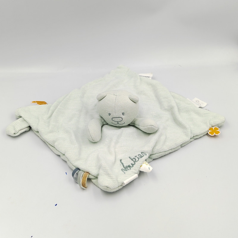 Doudou plat ours vert bleu menthe rayé 20 ans NOUKIE'S