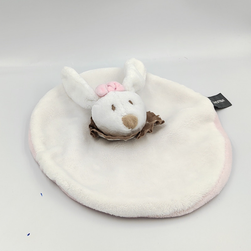 Doudou plat rond lapin blanc rose col marron pois ORCHESTRA