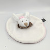 Doudou plat rond lapin blanc rose col marron pois ORCHESTRA
