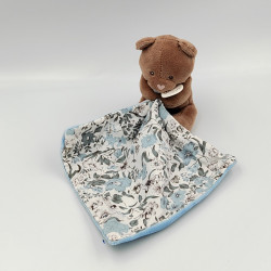 Doudou et compagnie Ours marron mouchoir bleu fleurs