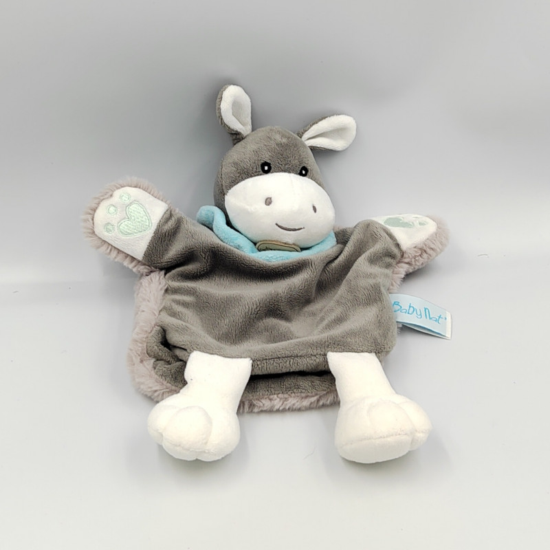 Doudou marionnette ane gris bleu blanc Ferme BABY NAT