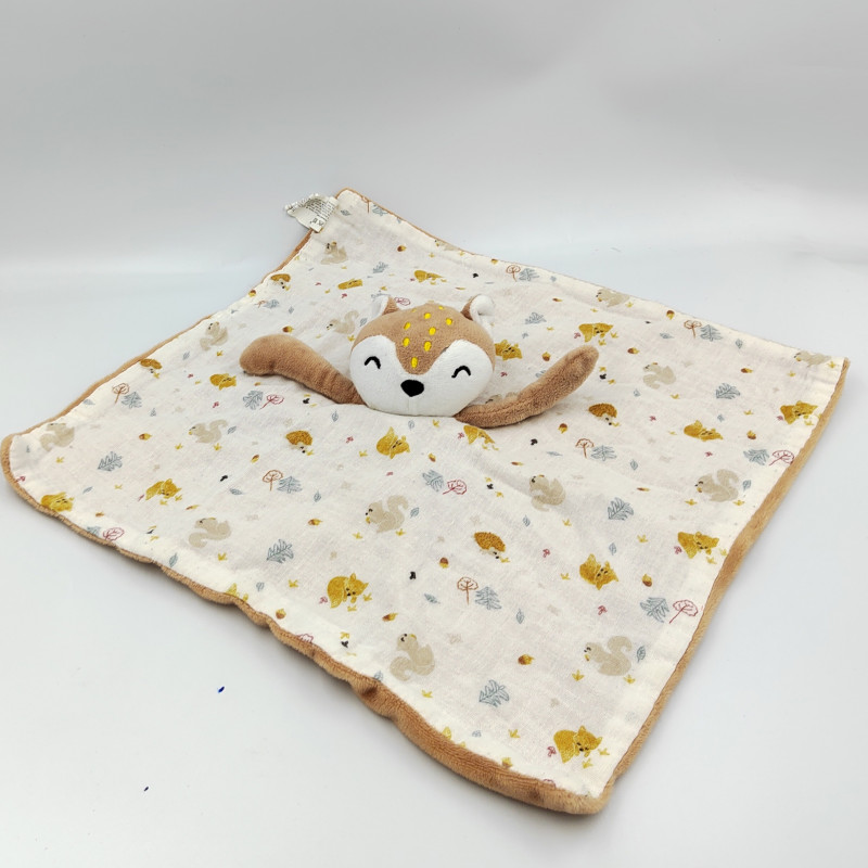 Doudou plat renard écureuil marron blanc motifs lange IN EXTENSO