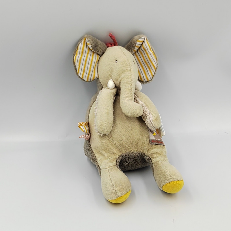 Doudou musical éléphant beige jaune rouge Les Papoum MOULIN ROTY