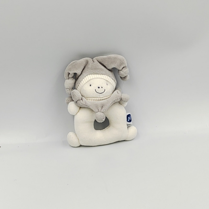 Doudou hochet lutin arlequin blanc gris POP ART