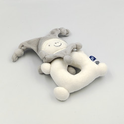 Doudou hochet lutin arlequin blanc gris POP ART