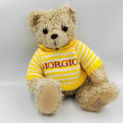 Peluche ours beige pull laine jaune rayé blanc GIORGIO BEVERLY HILLS 1996