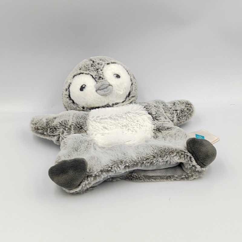 Doudou plat marionnette pingouin gris blanc TEX