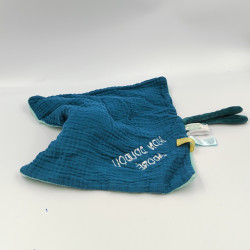 Doudou plat lapin bleu blanc fleurs OSTARIA