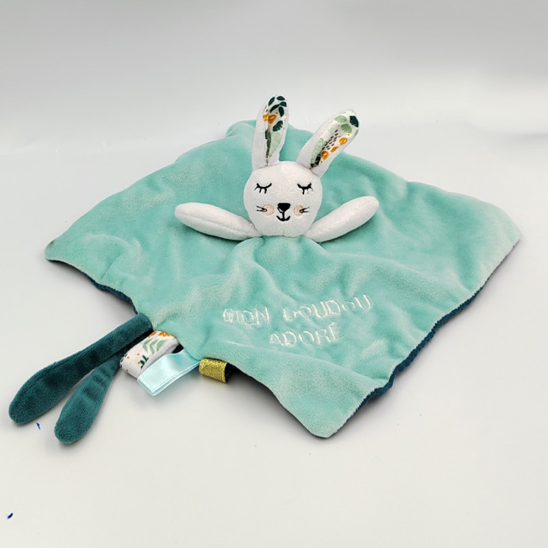 Doudou plat lapin bleu blanc fleurs OSTARIA