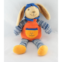 Doudou et compagnie lapin orange bleu laine noeud 30 cm