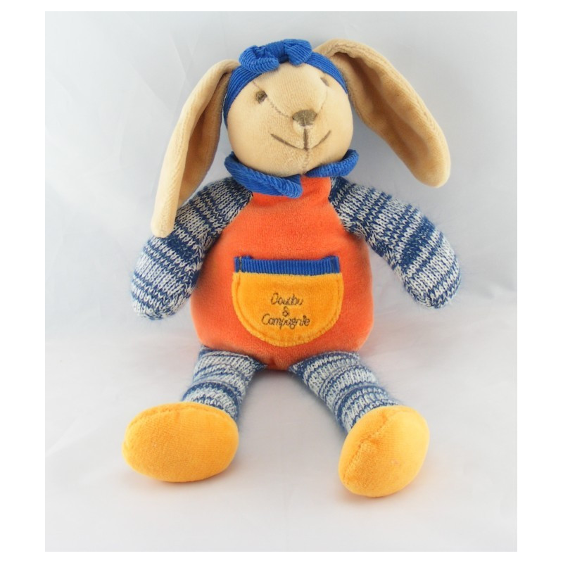 Doudou et compagnie lapin orange bleu laine noeud 30 cm