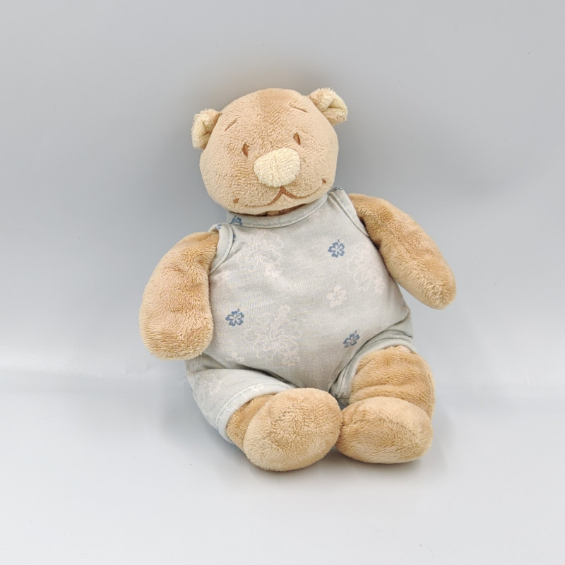 Doudou ours beige bleu fleurs Tonton NOUKIE'S