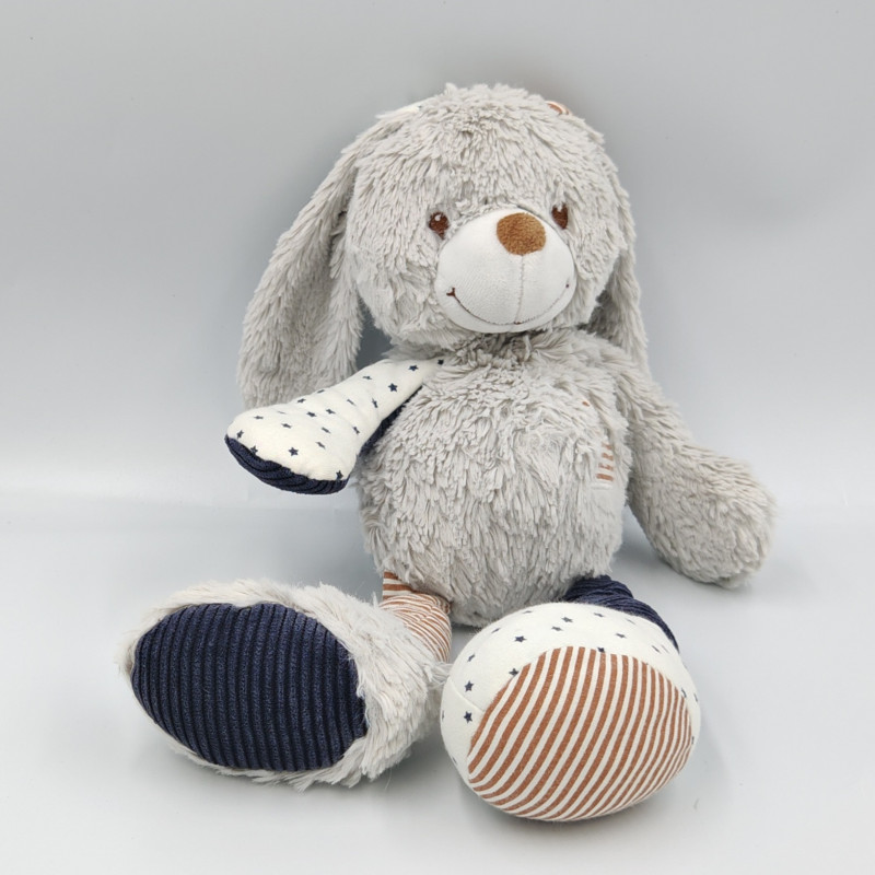 Doudou lapin gris bleu blanc beige rayé étoiles TAO TAPE A L'OEIL