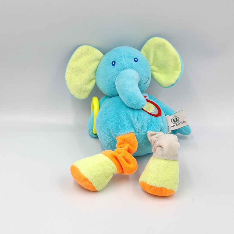 Doudou éléphant bleu orange vert gris miroir hochet U TOUT PETITS