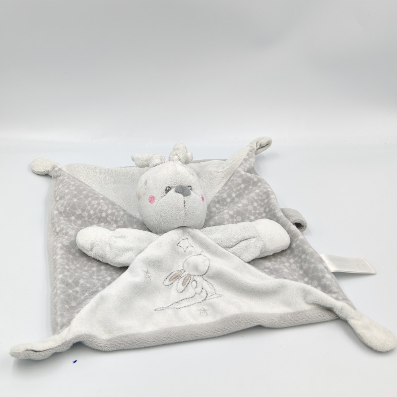 Doudou plat lapin blanc gris KIABI SIMBA TOYS taché