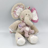 Doudou musical éléphant Kali gris rose fleurs avec souris NOUKIE'S