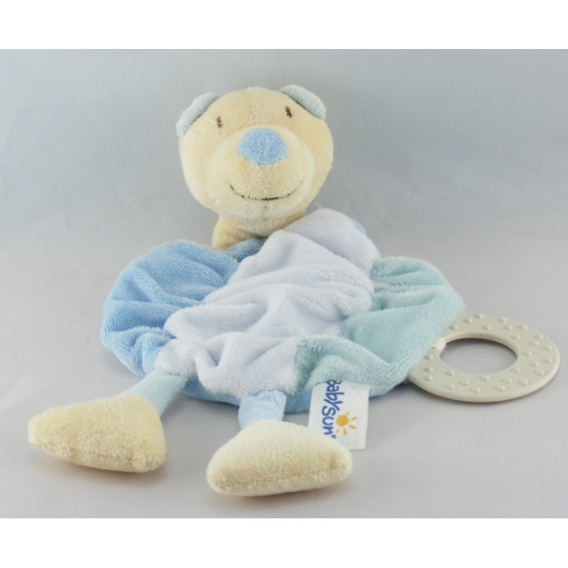 Doudou ours plat bleu beige anneau dentition BABYSUN