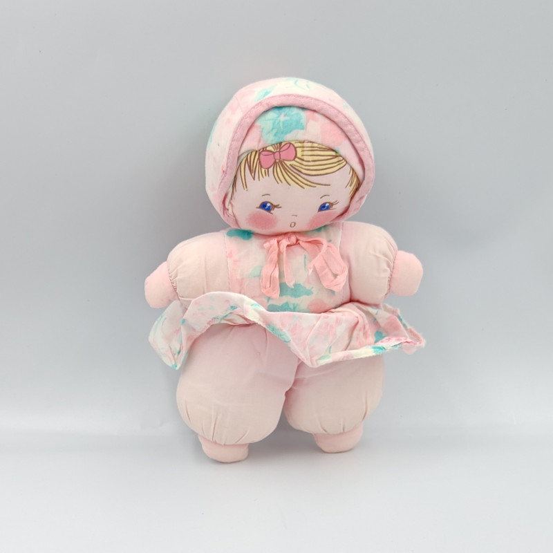 Ancien doudou poupée chiffon rose fleurs COROLLE