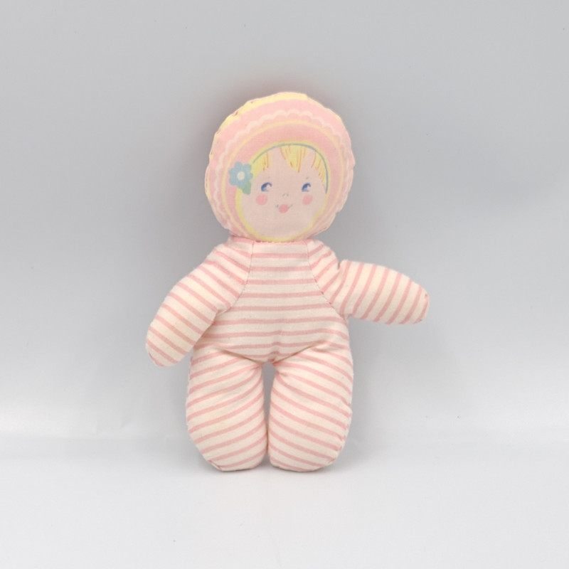 Ancien petit doudou poupée chiffon rose blanc fleurs COROLLE