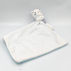 Doudou chat blanc bleu rayé mouchoir OBAIBI