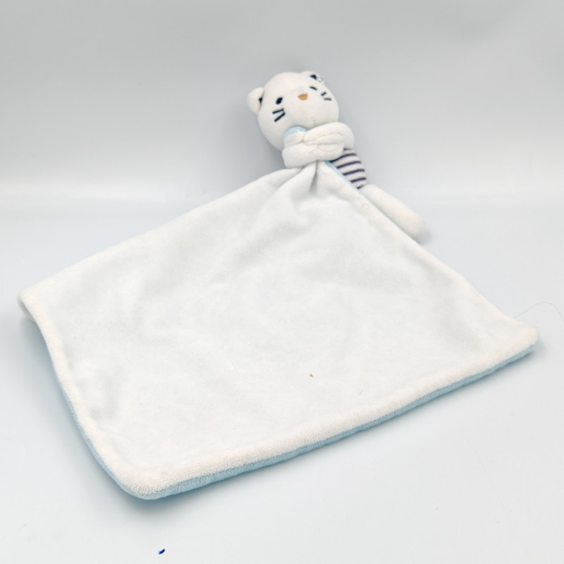 Doudou chat blanc bleu rayé mouchoir OBAIBI