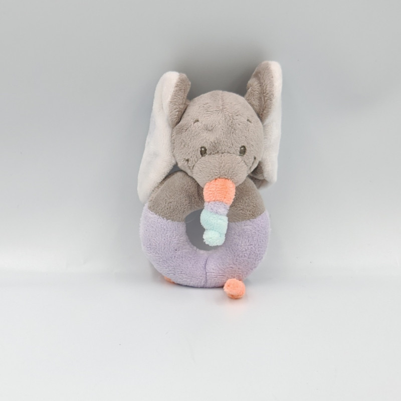 Doudou hochet éléphant gris orange bleu mauve Bubbles NATTOU