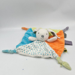Doudou plat lapin bleu orange vert étoiles OBAIBI