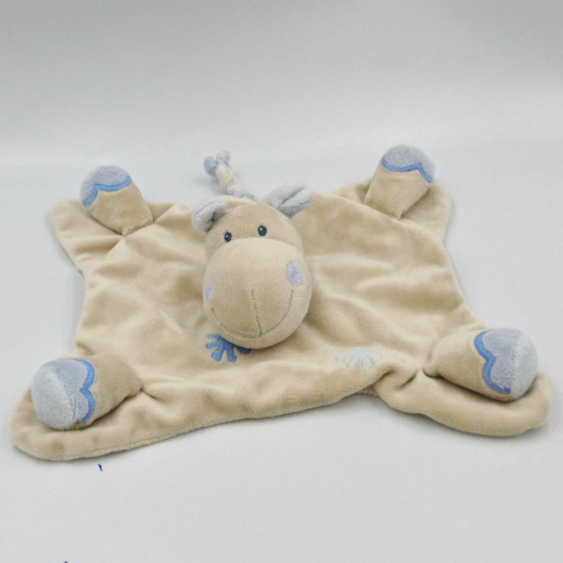 Doudou plat hippopotame beige bleu PREMAMAN