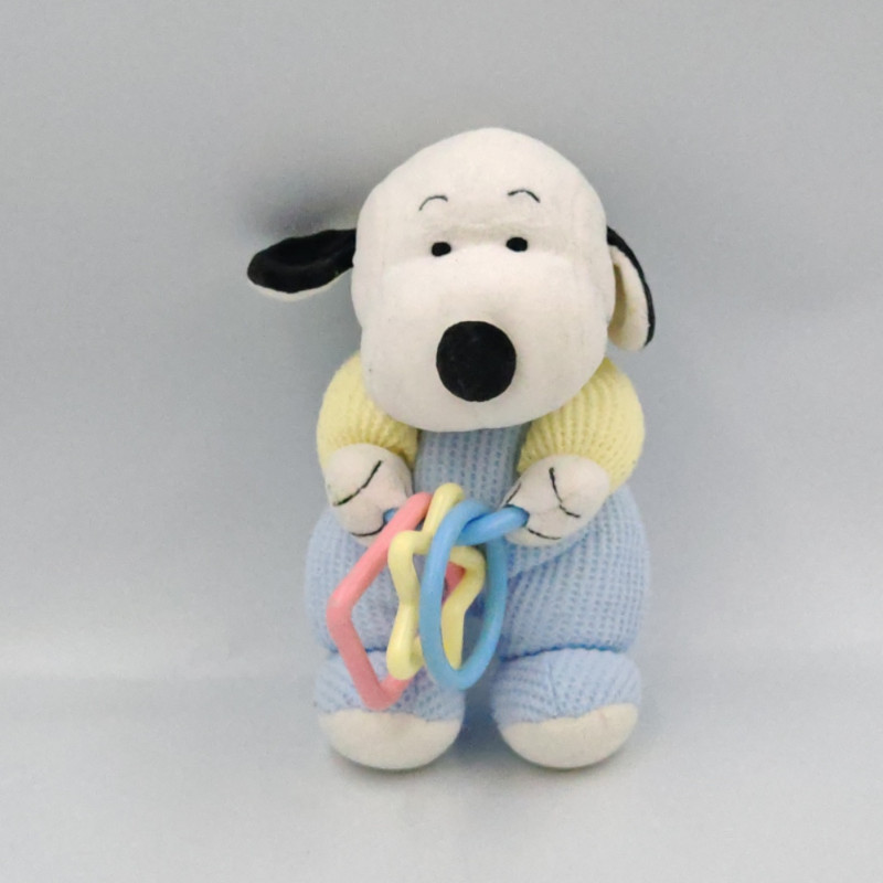 Doudou chien blanc bleu jaune anneaux BABY SNOOPY