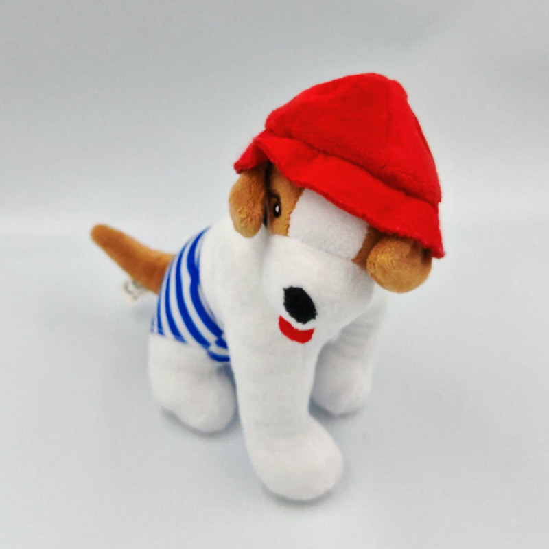 Doudou chien blanc marron rayé bleu marin CREDIT MUTUEL