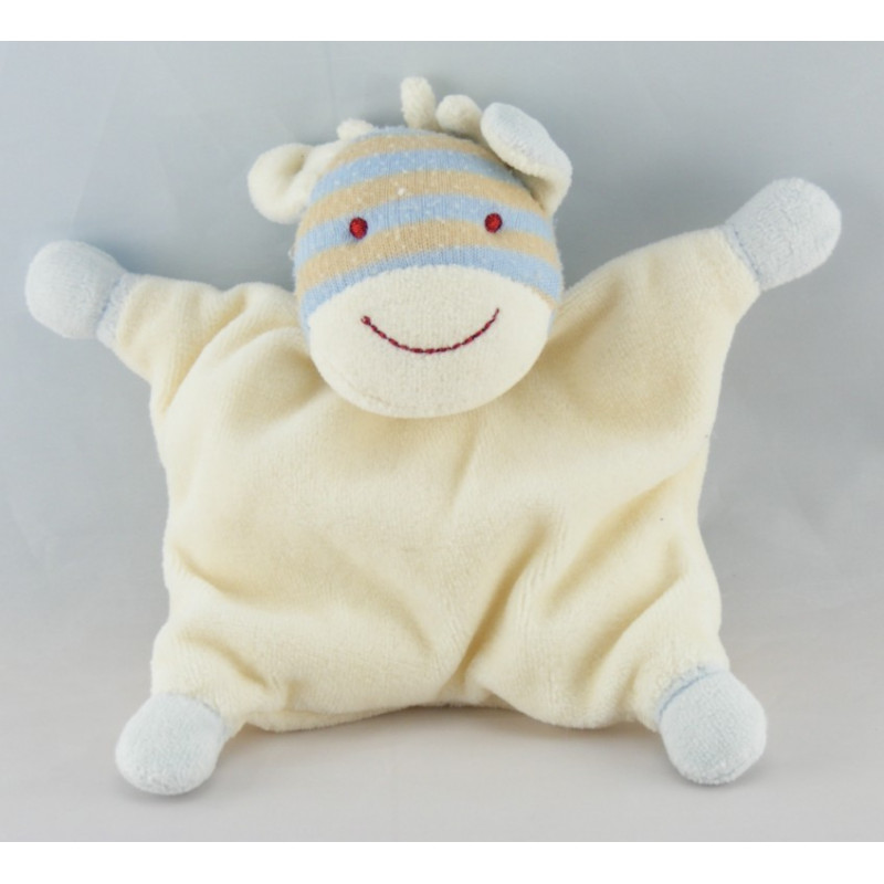 Doudou semi plat zébre cheval blanc bleu rayé beige 