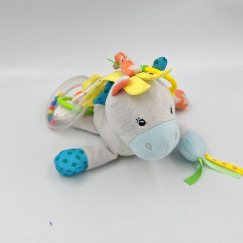 Doudou poney cheval gris bleu orange étoiles hochets TEX