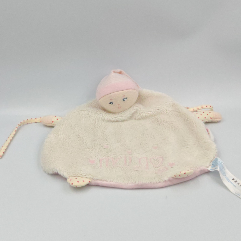 Doudou plat poupée lutin rose blanc coeur COROLLE