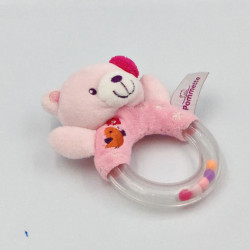 Doudou hochet ours rose oiseau fleurs POMMETTE